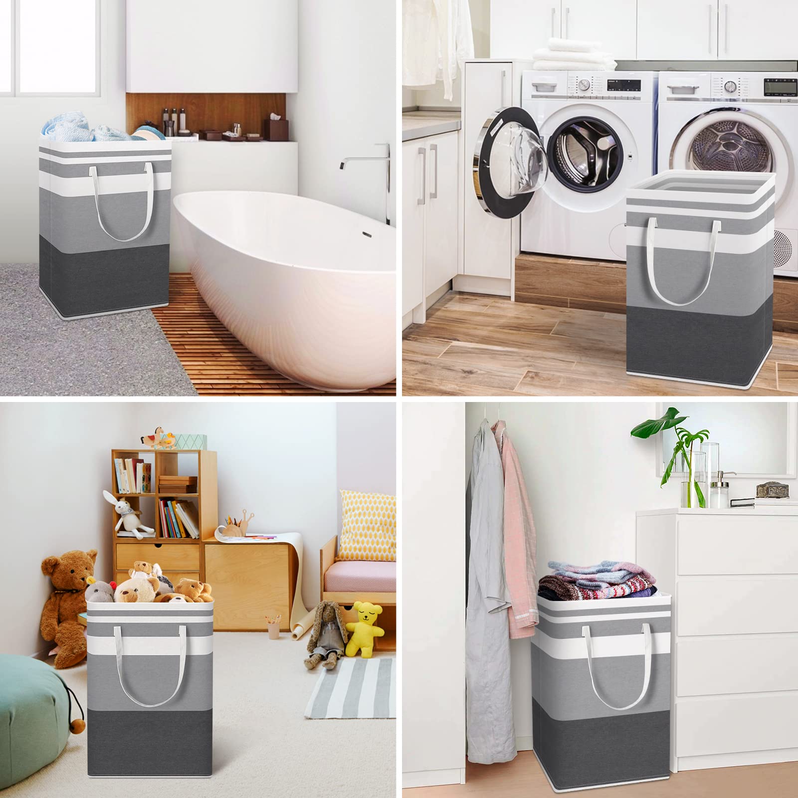 HomeHacks 2 Pack Large Laundry Baskets, Waterproof, Freestanding Laundry Hampers, Collapsible Clothes Hamper with Reinforced Handles in Laundry Room, College Dorm, Bathroom, Bedroom (Grey, 75Lx2) - Image 3