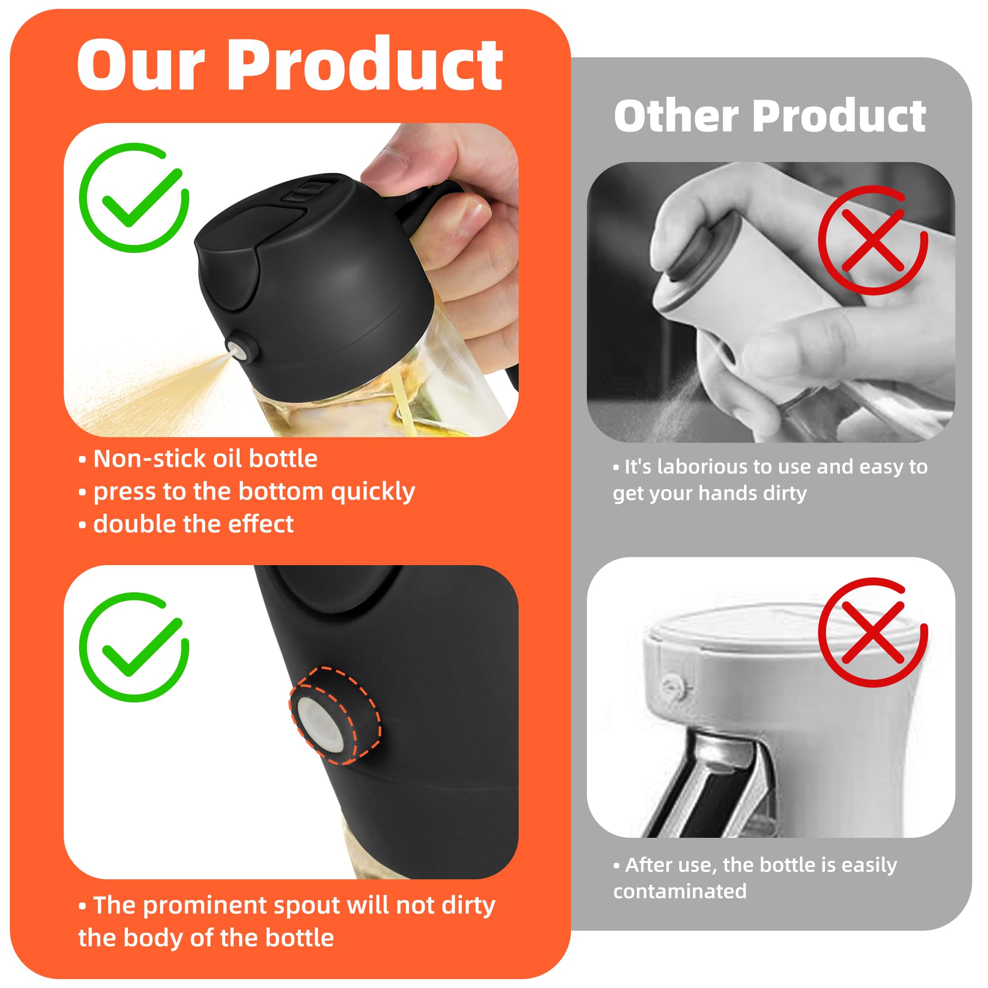 TrendPlain 16oz/470ml Glass Olive Oil Sprayer for Cooking – 2 in 1 Olive Oil Dispenser Bottle for Kitchen Gadgets and Air Fryer Accessories, Salad, BBQ - Black - Image 3