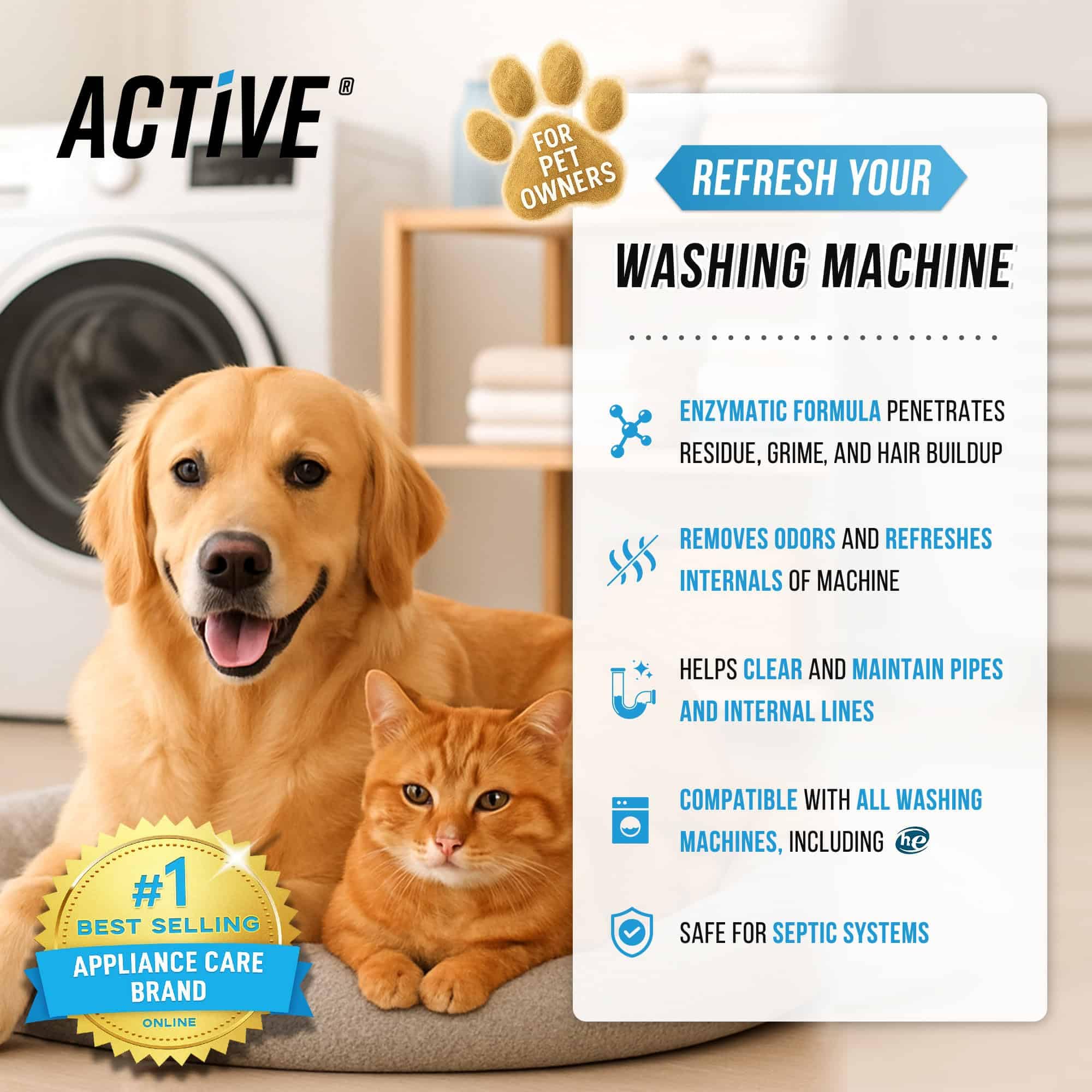ACTIVE Washing Machine Cleaner for Pet Owners Enzymatic Deep Clean Descaler for Cat & Dog Hair, Urine, Odor, Residue, 24 Septic-Safe Tablets for Top Load, Front Loader, HE Washer Tub - 1 Year Supply - Image 7