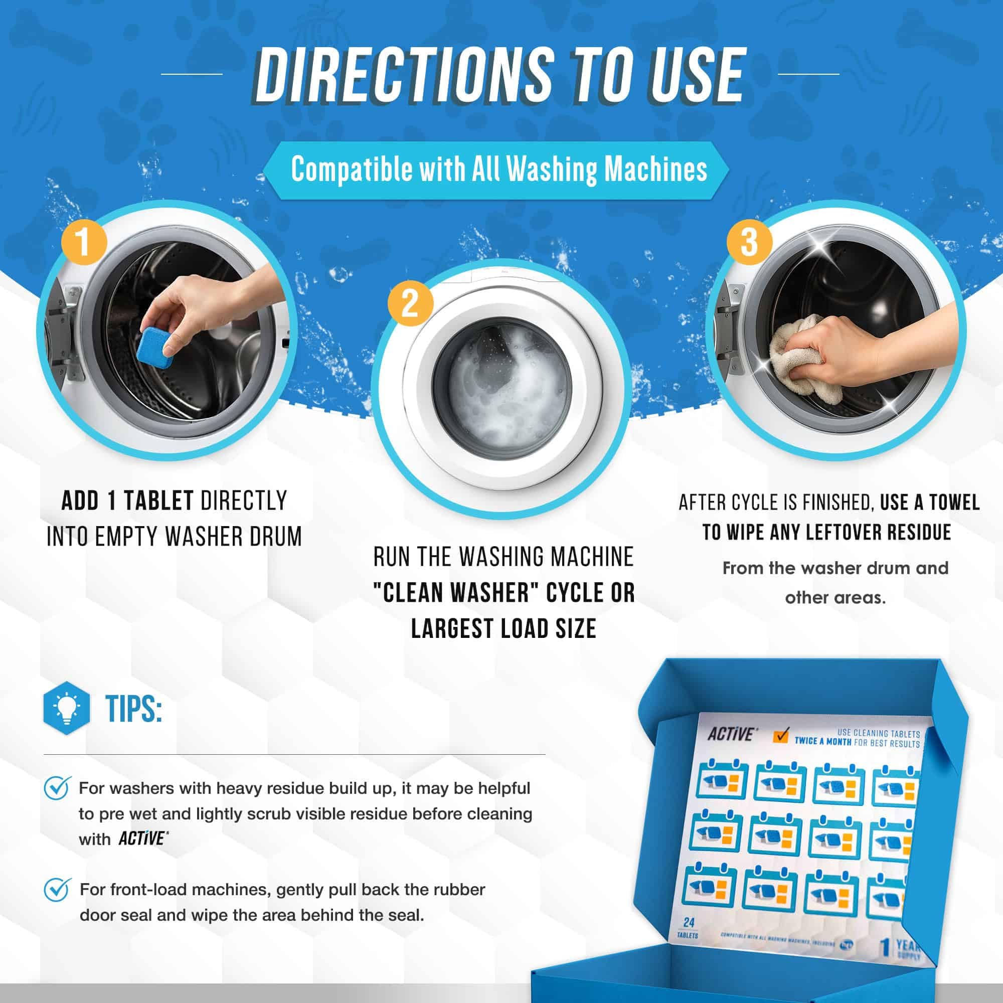 ACTIVE Washing Machine Cleaner for Pet Owners Enzymatic Deep Clean Descaler for Cat & Dog Hair, Urine, Odor, Residue, 24 Septic-Safe Tablets for Top Load, Front Loader, HE Washer Tub - 1 Year Supply - Image 6