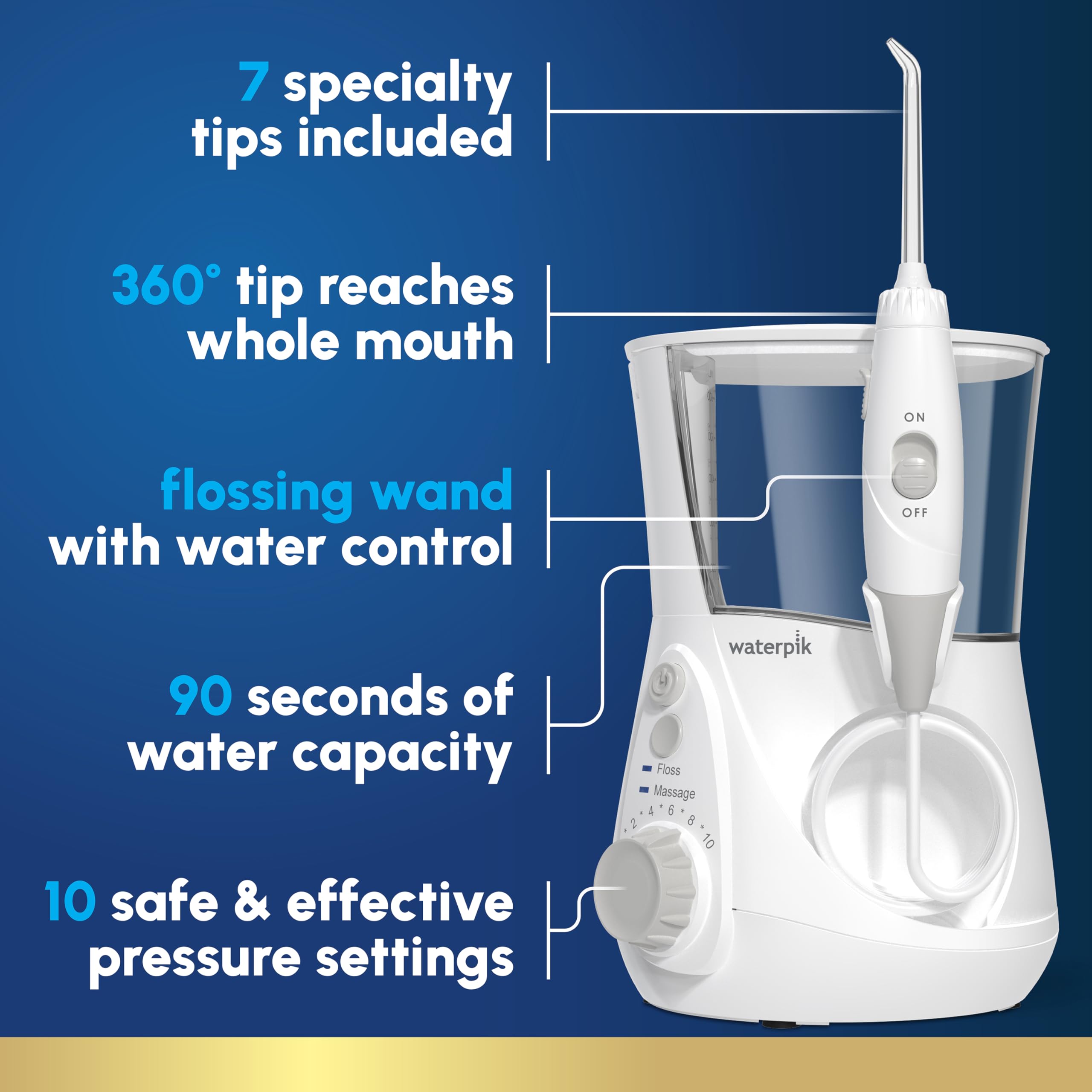 Waterpik Aquarius Water Flosser For Teeth Cleaning, Gums, Braces, Dental Care, Electric Power With 10 Settings, 7 Tips For Multiple Users And Needs, ADA Accepted, White WP-660, Packaging May Vary - Image 10