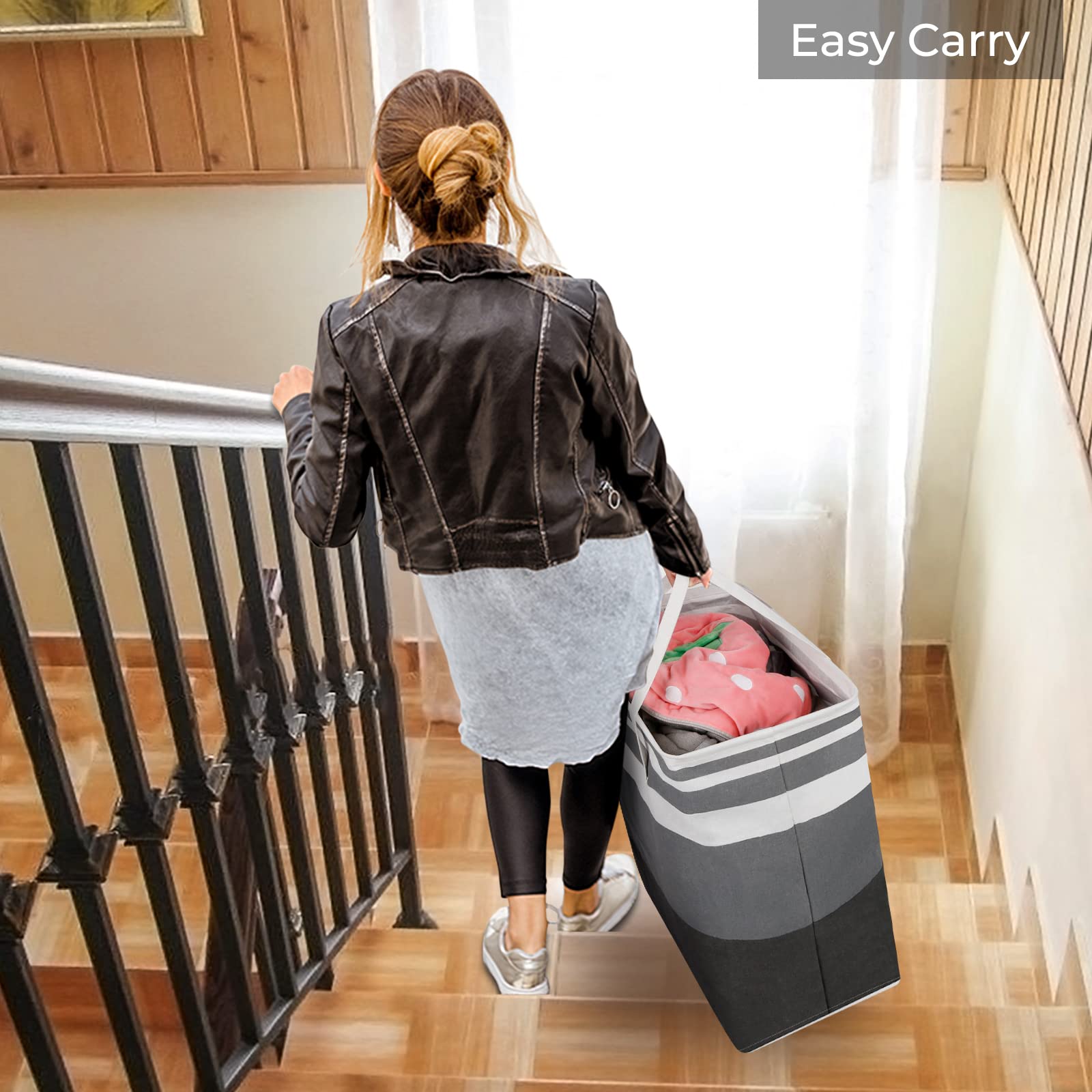 HomeHacks 2 Pack Large Laundry Baskets, Waterproof, Freestanding Laundry Hampers, Collapsible Clothes Hamper with Reinforced Handles in Laundry Room, College Dorm, Bathroom, Bedroom (Grey, 75Lx2) - Image 2