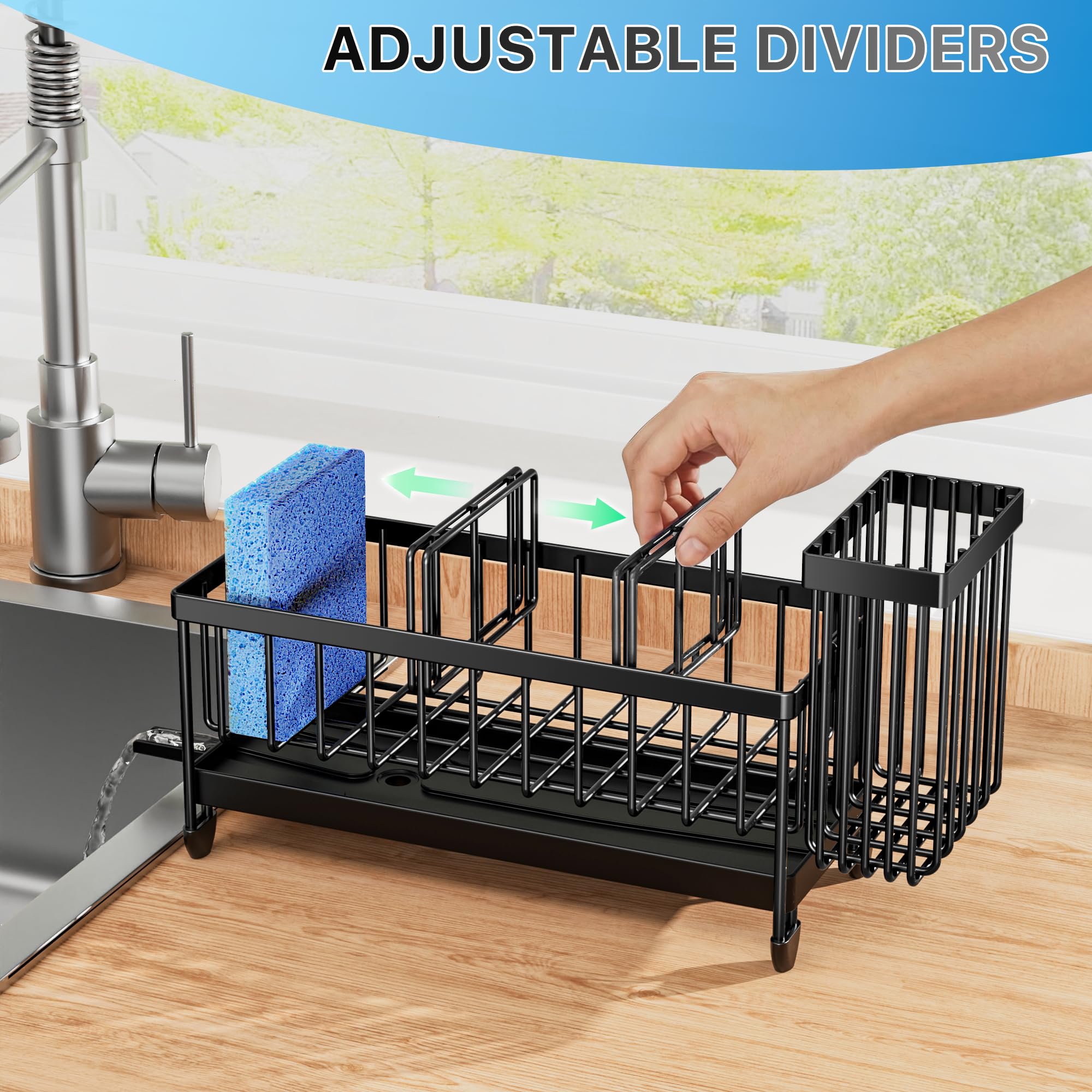 Cisily Sponge Holder for Kitchen Sink, Sink Caddy Organizer with High Brush Holder, Kitchen Countertop Organizers and Storage Essentials, Rustproof 304 Stainless Steel (Black, 9.25″) - Image 5