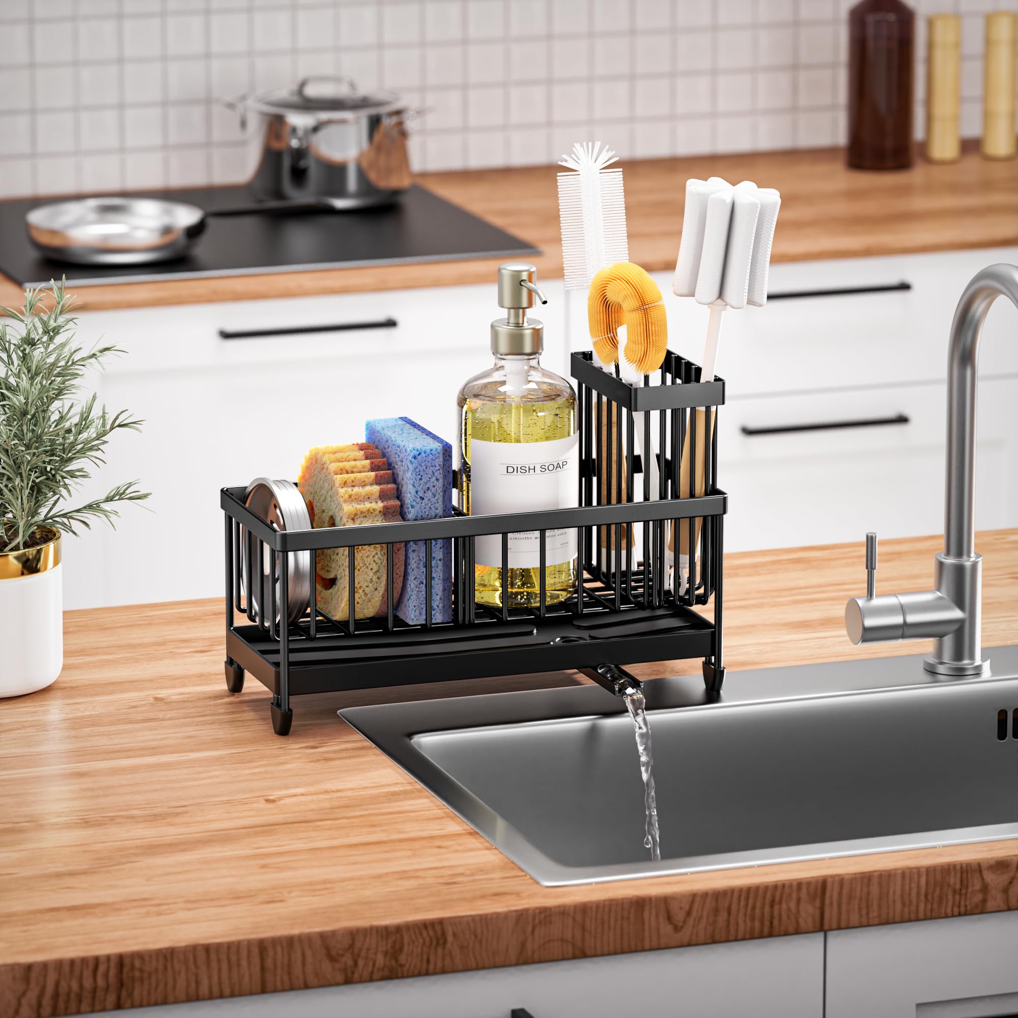 Cisily Sponge Holder for Kitchen Sink, Sink Caddy Organizer with High Brush Holder, Kitchen Countertop Organizers and Storage Essentials, Rustproof 304 Stainless Steel (Black, 9.25″) - Image 2
