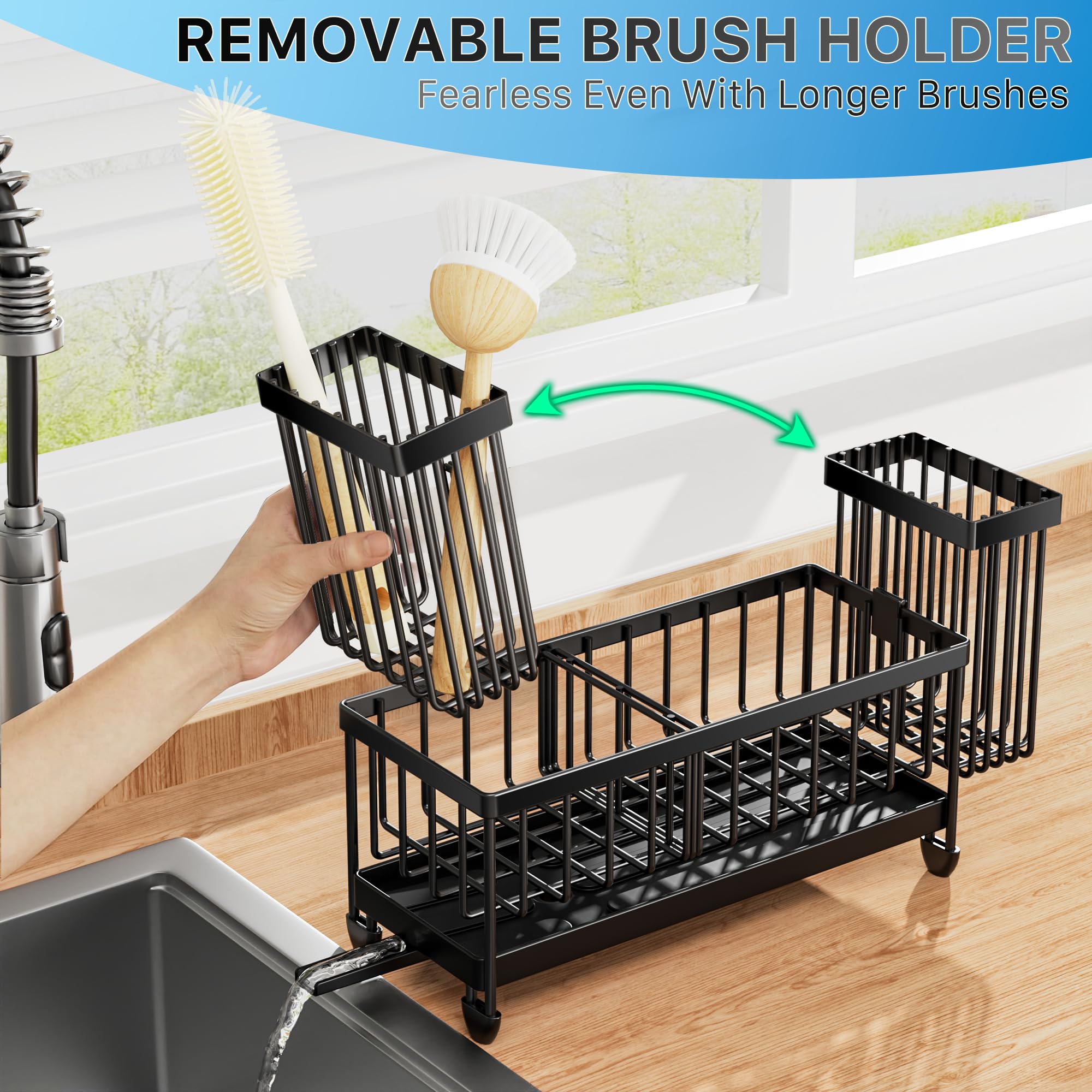 Cisily Sponge Holder for Kitchen Sink, Sink Caddy Organizer with High Brush Holder, Kitchen Countertop Organizers and Storage Essentials, Rustproof 304 Stainless Steel (Black, 9.25″) - Image 6