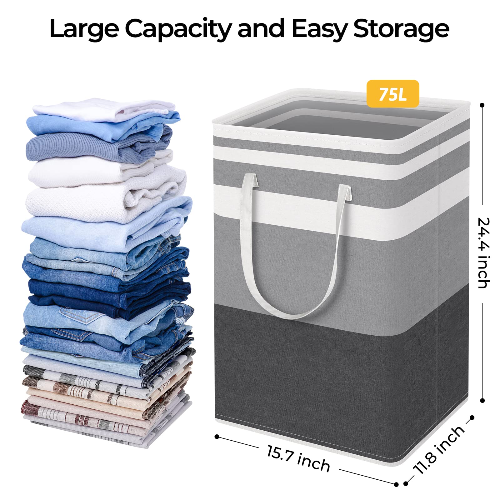 HomeHacks 2 Pack Large Laundry Baskets, Waterproof, Freestanding Laundry Hampers, Collapsible Clothes Hamper with Reinforced Handles in Laundry Room, College Dorm, Bathroom, Bedroom (Grey, 75Lx2) - Image 5